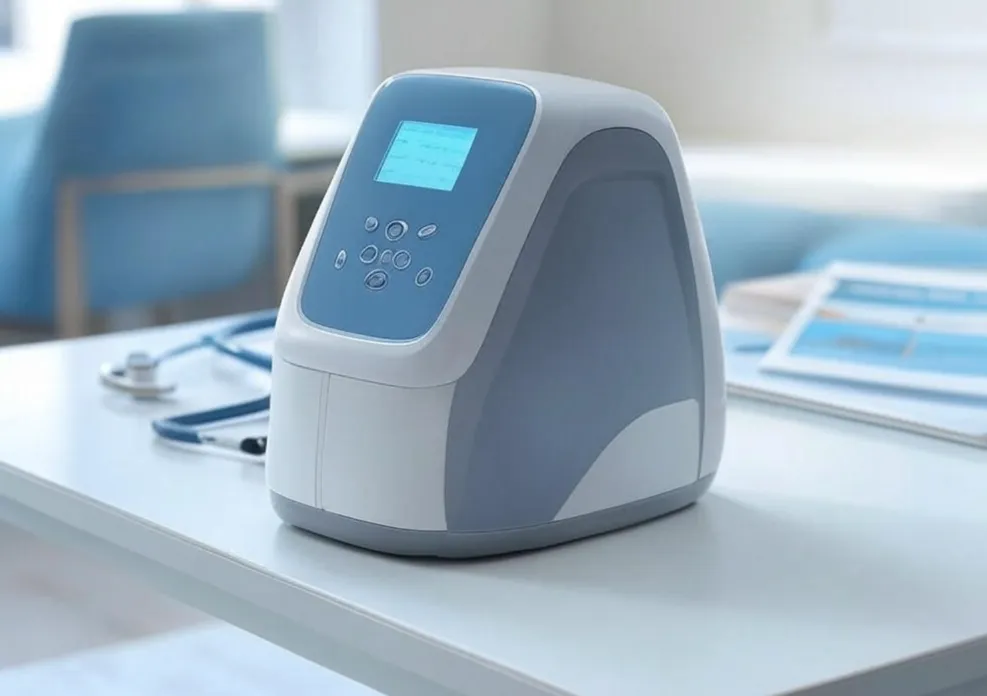 Appareil médical moderne pour le traitement à domicile de la dysfonction érectile, sur une table minimaliste avec un stéthoscope et un livret de santé